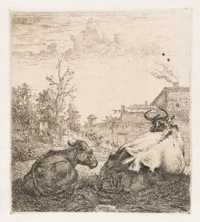 Mucca sdraiata con vitello da Karel du Jardin (signed by artist)