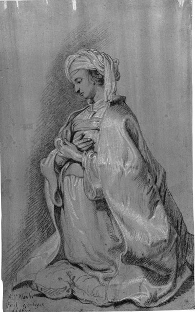 Figura inginocchiata su un cuscino con turbante. Rivolta a sinistra. Mani incrociate sul petto da Karel van III Mander
