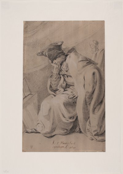 Giovane uomo seduto pensieroso con la mano sotto il mento. Mantello e cappello di pelliccia da Karel van III Mander