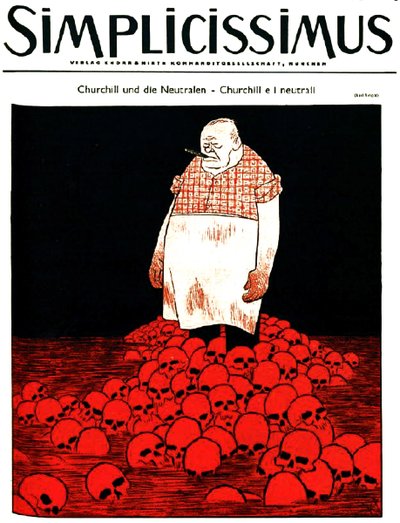 La copertina della rivista tedesca Simplicissimus (circa ) raffigura Churchill e un fiume di sangue e teschi. c.1940 (litografia) da Karl Arnold