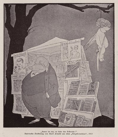 Cupido appeso a un albero sopra un chiosco di pornografia (litografia) da Karl Arnold
