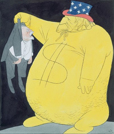 Zio Sam come sacco di dollari con Poincare (acquerello, penna e inchiostro di china su carta) da Karl Arnold