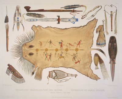 Utensili e armi indiane, inciso da A. Zschokke e J. Hurliman, pubblicato nel 1840 da Karl Bodmer
