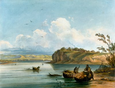 Donne Mandan Native Americane che attraversano il fiume Missouri su barche fatte di pelle di bufalo, Civiltà Native Americane, Stati Uniti da Karl Bodmer