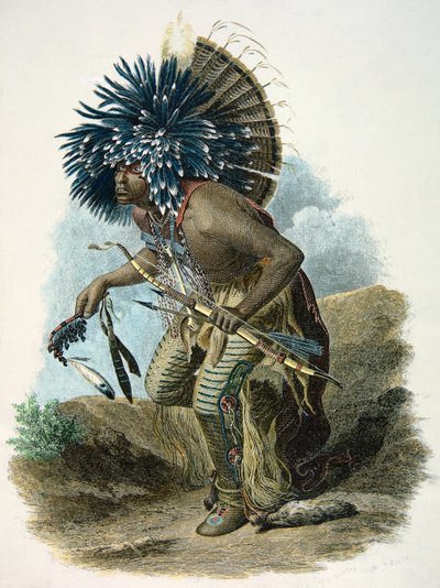 Sciamano della tribù Mandan nel costume della Danza del Cane da Karl Bodmer