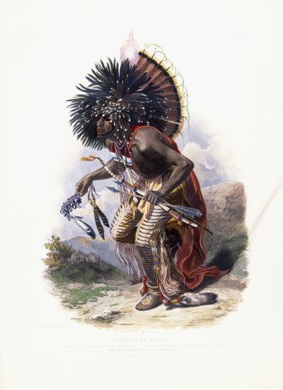 Pehriska-Ruhpa, guerriero Moennitarri nel costume della danza del cane, 1840 da Karl Bodmer