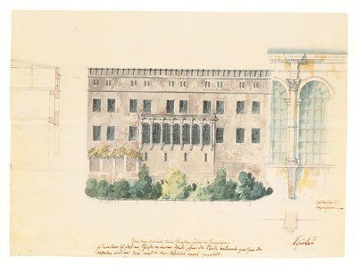 Progetto per una nuova scala per la facciata nord del Castello di Stettino, con uno studio sussidiario della loggia, una sezione trasversale della facciata e un pilastro impegnato, c.1840 da Karl Friedrich Schinkel
