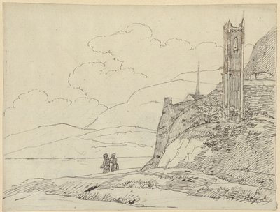 Paesaggio montano con rovine di torre e figure da Karl Friedrich Schinkel