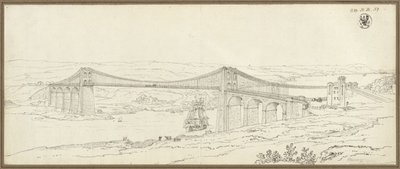 Veduta del ponte sospeso sullo stretto di Menai presso Bangor in Galles da Karl Friedrich Schinkel