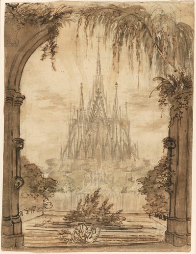 Cattedrale gotica dietro uno stagno con cigni da Karl Friedrich Schinkel