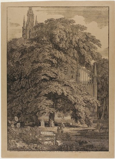 Chiesa gotica dietro un boschetto di querce con tombe da Karl Friedrich Schinkel