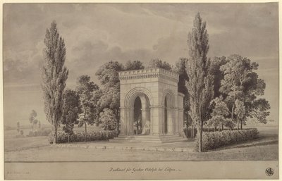 Lützen. Progetto per un monumento al re Gustavo II Adolfo di Svezia in forma di sala romanica sopra la Pietra svedese con abside aggiunta. Veduta da Karl Friedrich Schinkel
