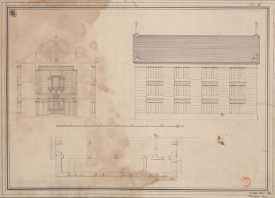 Tillendorf (Bolesławice, distretto di Liegnitz). Progetto per la chiesa protestante. Pianta, prospetto della facciata laterale e sezione trasversale da Karl Friedrich Schinkel