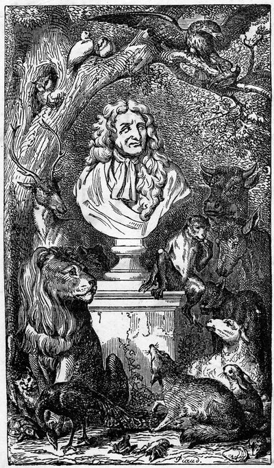 Busto allegorico di Jean de La Fontaine, circondato da animali; frontespizio di un libro delle Fables de la Fontaine da Karl Girardet