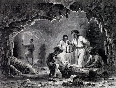 Scoperte archeologiche nelle grotte di Samoun, incisione basata su disegno di Karl Girardet da Karl Girardet