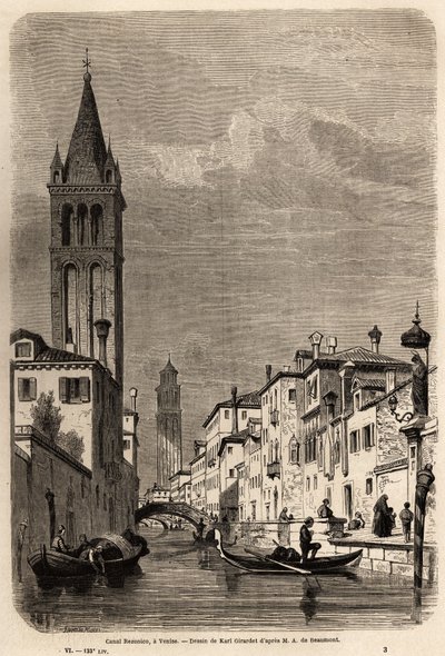 Il Canale Rezonico, disegno di Karl Girardet, per illustrare il viaggio di Adalbert de Beaumont a Venezia, circa 1850. Incisione in "Le tour du monde" da Karl Girardet