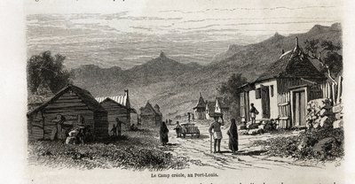 Il campo creolo, a Port Louis, disegno di Karl Girardet, per illustrare il soggiorno di Alfred Verney a Mauritius nel 1861. Incisione in "Le tour du monde", edito da Edouard Charton da Karl Girardet