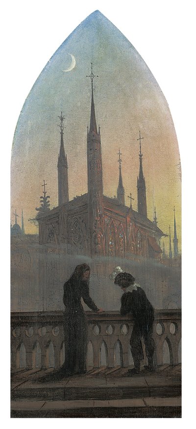 Persone in abiti tedeschi antichi in contemplazione di una città medievale da Karl Gustav Carus