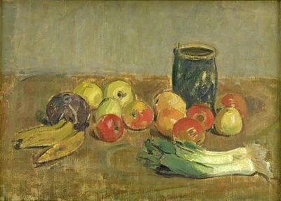 Natura morta. Mele, porri, banane e vaso verde da Karl Isakson
