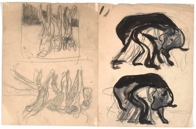 Due schizzi compositivi con una persona piegata sotto un animale simile a un orso. Due schizzi compositivi con più figure da Karl Isakson