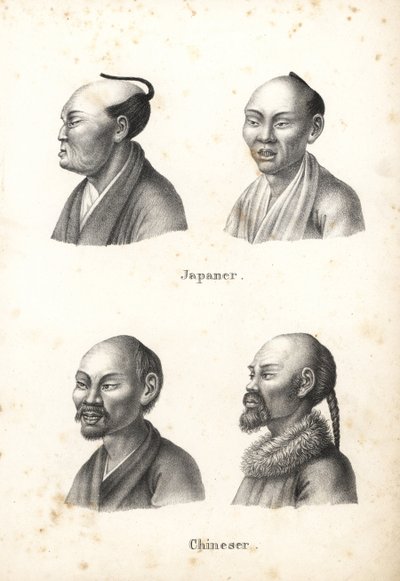 Busti di uomini giapponesi con acconciatura chonmage e uomini cinesi con barbe, uno con treccia. Litografia di Karl Joseph Brodtmann dal libro di Heinrich Rudolf Schinz Storia Naturale Illustrata degli Uomini e degli Animali da Karl Joseph Brodtmann