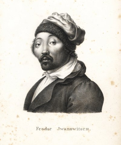 Feodor Jwanowitsch, nomade Kalmyk rapito dai russi che in seguito divenne pittore e incisore su rame. Litografia di Karl Joseph Brodtmann dal libro di Heinrich Rudolf Schinz Storia Naturale Illustrata degli Uomini e degli Animali da Karl Joseph Brodtmann