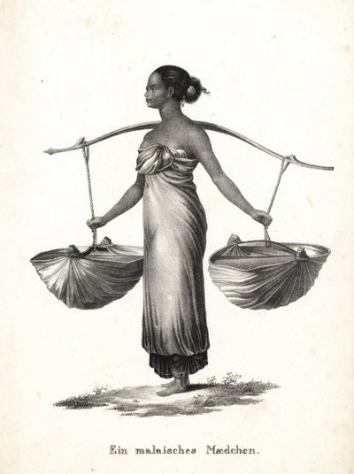 Ragazza malese con capelli legati che trasporta scarpe da ginnastica con un giogo. Litografia di Karl Joseph Brodtmann dal libro di storia naturale illustrata di Heinrich Rudolf Schinz da Karl Joseph Brodtmann