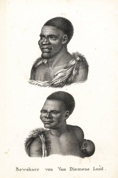 Nativi della Tasmania, Terra di Van Diemen. Grou Aagara, uomo con cicatrici sul petto e mantello di pelle di animale, e Arra-Maida, donna con bambino sulla schiena in marsupio di canguro. I nativi della Tasmania furono sterminati dai coloni. Copiato da Nic da Karl Joseph Brodtmann