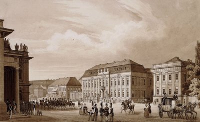Unter den Linden, Berlino. Una vista dalla Neue Wache verso il Kronprinzenpalais con il Prinzessinenpalais a destra e la Kommandatur a sinistra da Karl Loeillot Hartwig
