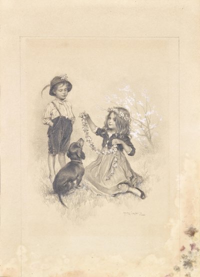 Due bambini che giocano in un prato con fiori e un bassotto da Karl Ludwig Prinz