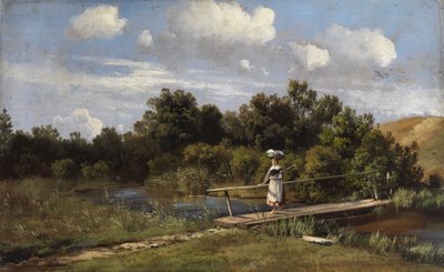 Paesaggio estivo con una lavandaia su un ponte da Karl Millner