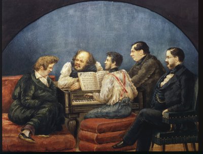 Il compositore Michail I Glinka e i suoi amici (Ritratto di gruppo di K Briullov, M Glinka, Y Yanenko, N Kukolnik) da Karl Pavlovich Bryullov