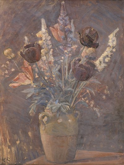 Vaso in terracotta con tulipani e altri fiori di Karl Schou da Karl Schou