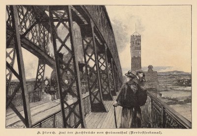 Sul ponte alto di Grunental sul canale di Kiel, Germania (incisione) da Karl Storch