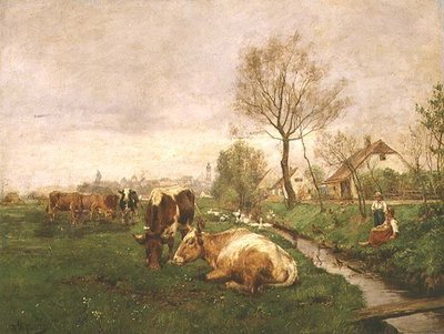 Paesaggio con mucche e un ruscello da Karl Stuhlmuller