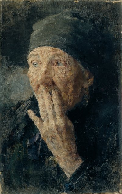 Testa di una vecchia con la mano alla bocca da Karoline Kubin