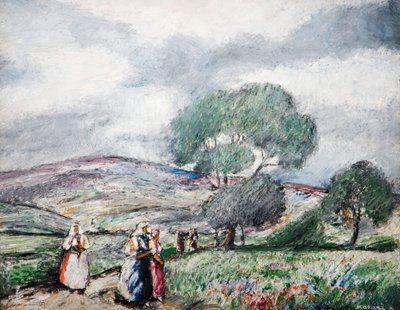 Paesaggio tempestoso con figure blu e rosse, 1940 da Karoly Kotasz
