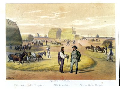 Trebbiatura del grano in Ungheria, da un libro di Baron Pronay, Budapest da Karoly Sterio