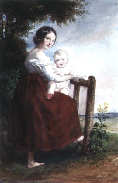 Ragazza che Tiene un Bambino: Sfondo Paesaggistico da Karoly or Charles Brocky
