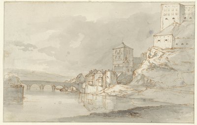 Veduta del fiume con ponte ad arco e fortificazioni sulla riva destra da Kasparus Karsen (possibly)
