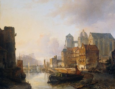 Veduta immaginaria di una città fluviale con la cattedrale di Aquisgrana da Kasparus Karsen (signed by artist)