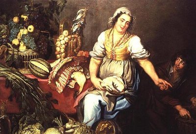 Natura morta in cucina con frutta, verdura e una ragazza che tiene un pollo da Kasper or Gaspar van den Hoecke
