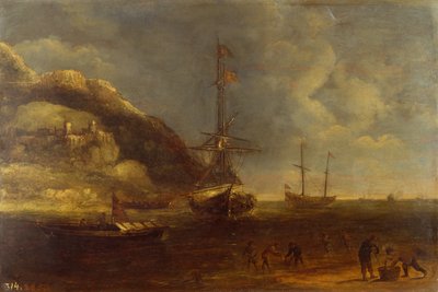 Vista costiera con navi e pescatori in primo piano da Kasper van Eyck