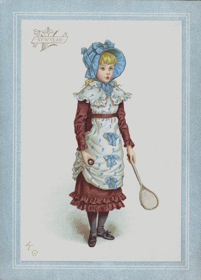 Ragazza in abito e cappellino, che tiene volano e racchetta da Kate (after) Greenaway