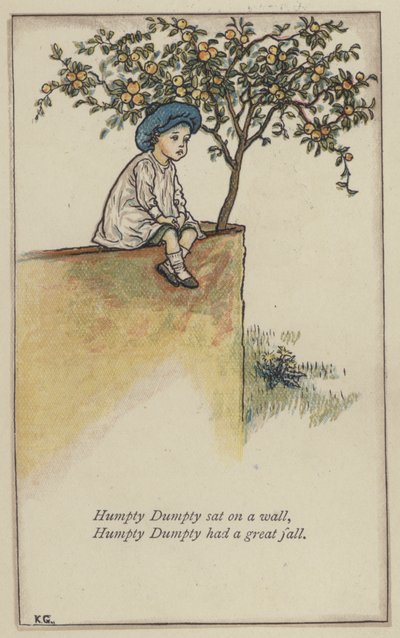 Humpty Dumpty seduto su un muro (litografia a colori) da Kate (after) Greenaway