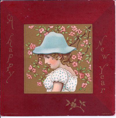Cartolina di Natale vittoriana di una ragazza in abiti regency con un cesto di fiori, c.1880 da Kate Greenaway