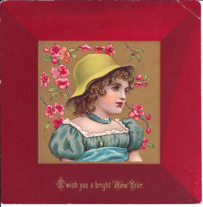 Cartolina di Natale vittoriana di una ragazza in abiti regency con un bouquet di fiori, c.1880 da Kate Greenaway