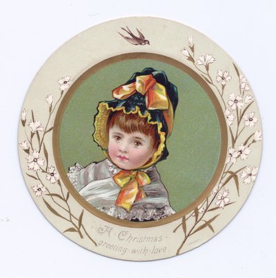 Cartolina vittoriana di auguri di un ragazzo con il braccio intorno a una ragazza che guarda un libro, c.1880 da Kate Greenaway