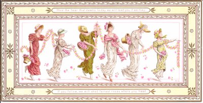 Cartolina vittoriana di auguri di un bambino con una sciarpa gialla al collo, c.1880 da Kate Greenaway
