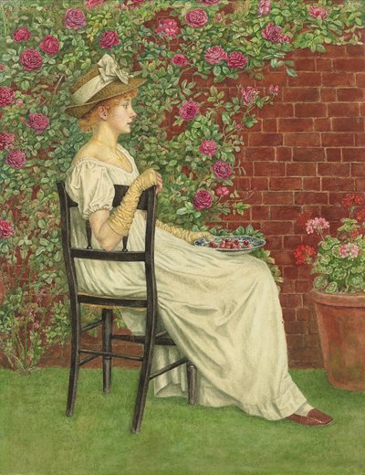 Una giovane ragazza seduta su una sedia, una ciotola di ciliegie in mano da Kate Greenaway